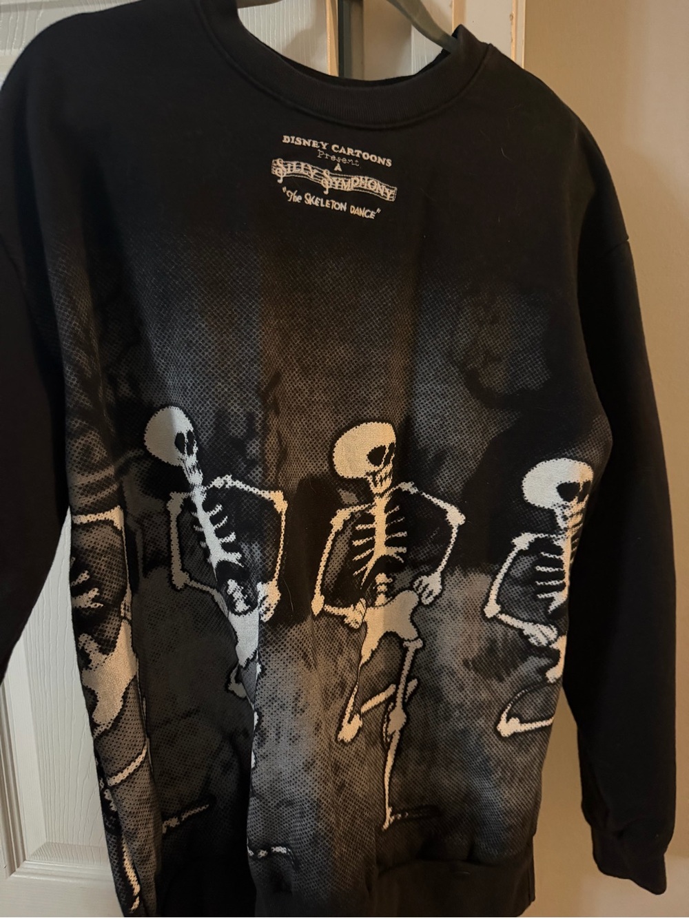 Disney Black Crewneck Sweater with White Skeleton Dance Graphic
